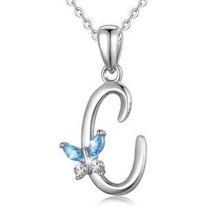 Letter C Silver Butterfly Initial Elegant Necklace 18"